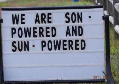 sign at Saint Peter's Lutheran church we are son-powered and sun-powered